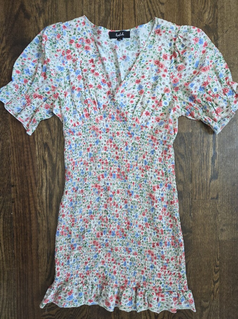 Lipslide Floral Smocked Mini Dress in Pink,‎ Blue & Green Small Floral Print